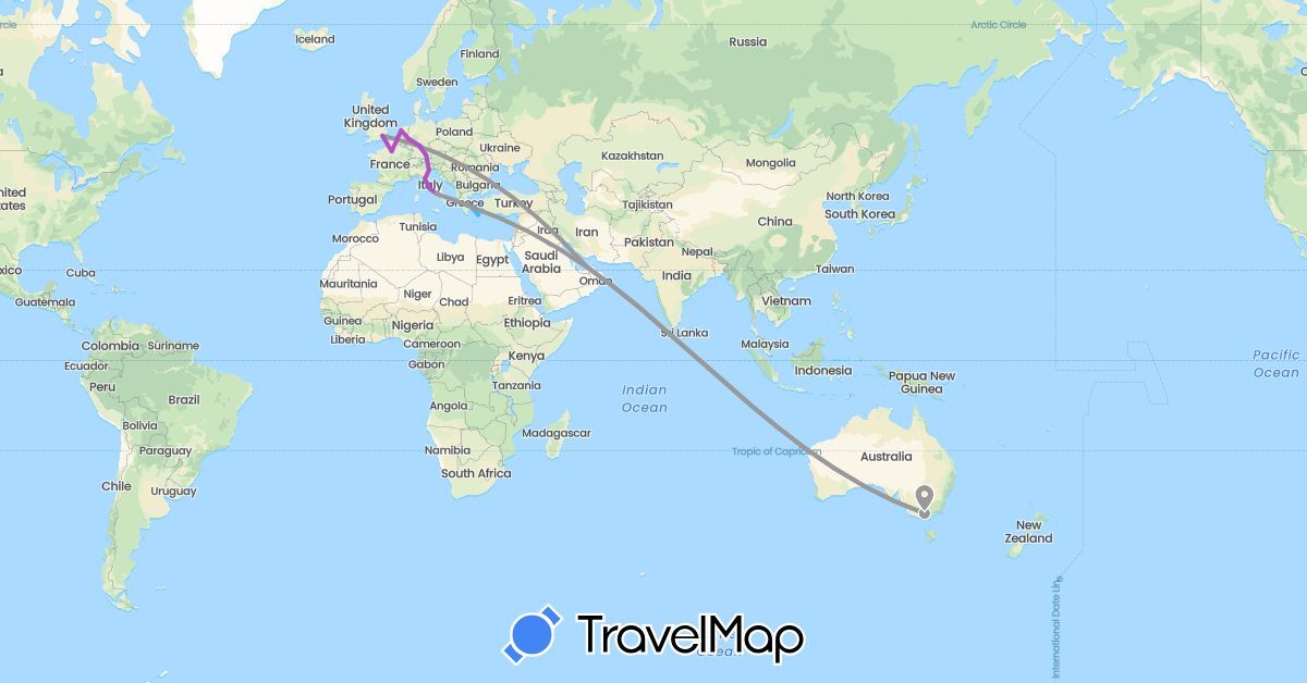 TravelMap itinerary: driving, plane, train, boat in United Arab Emirates, Australia, Germany, France, United Kingdom, Greece, Italy, Netherlands (Asia, Europe, Oceania)
